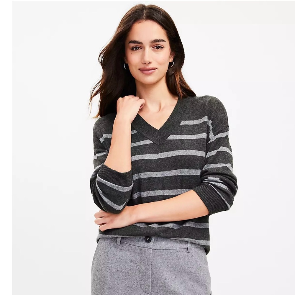 LOFT Striped Luxe Knit V-Neck Tunic Sweater Charcoal Grey